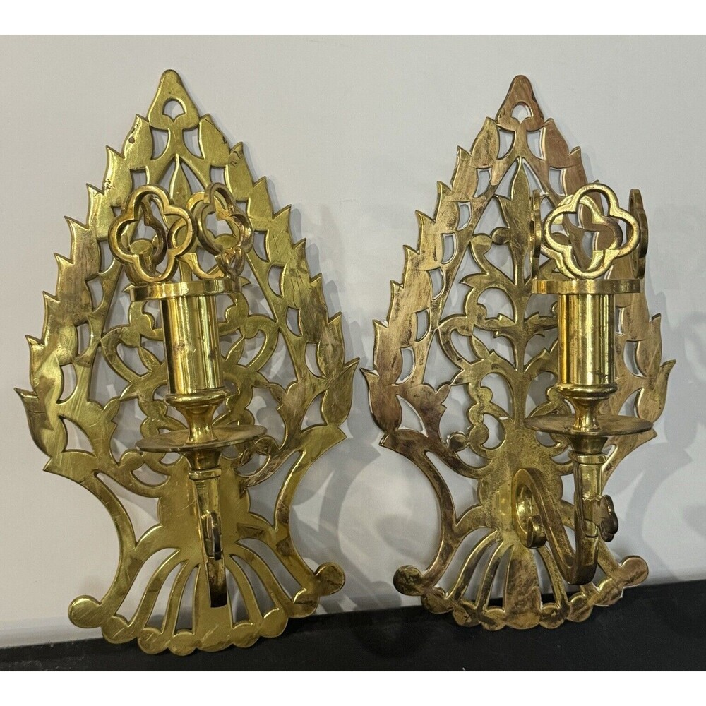 Vintage Pair Of Brass Wall Hanging Candle Sconces Gothic Revival By Baldwin